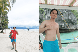 Me at the beach at Boracay and during an island hopping boat tour in El Nido.