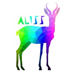 a stylized antelope in rainbow colors with an "i" on its forehead