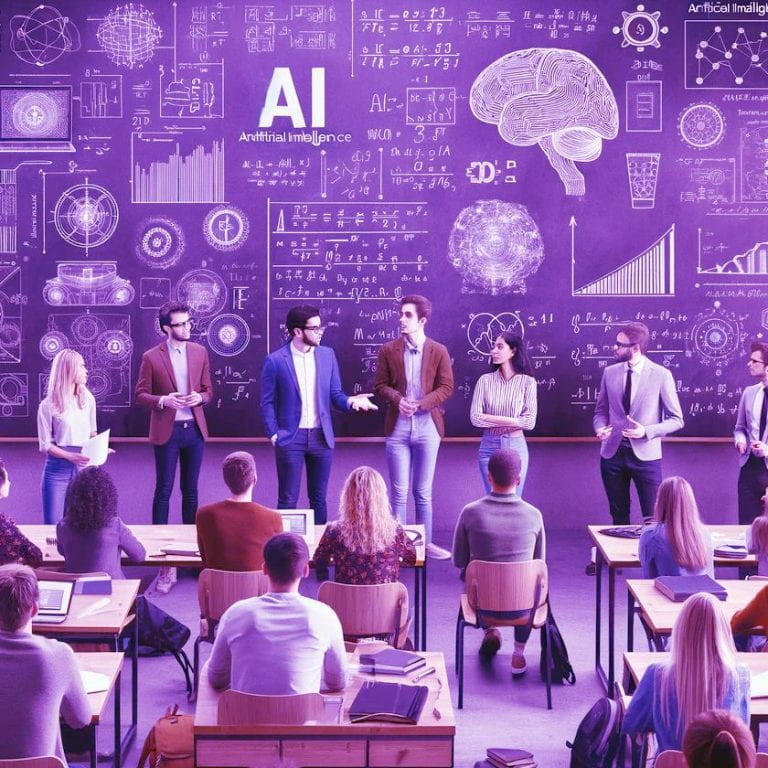 AI generated image of instructors discussing AI with students