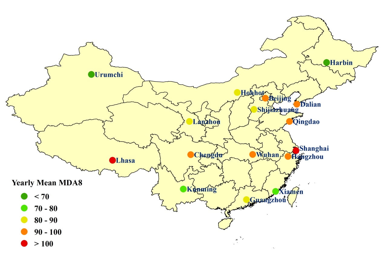 Average 8-hour MDA8 (ug/m3) ozone concentrations for 16 Chinese cities, 2014-2016