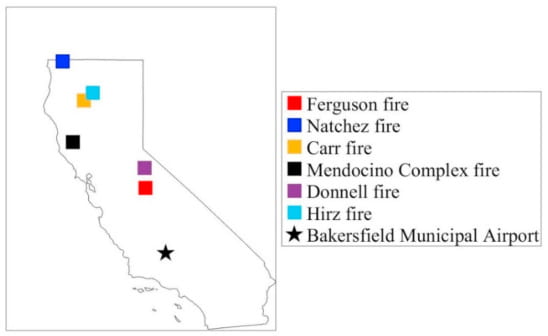 map of California showing Bakersfield site and fire locations