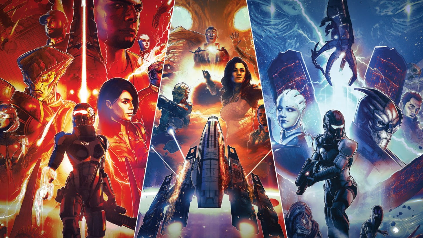 Artwork depicting characters and events from the "Mass Effect" video game series.