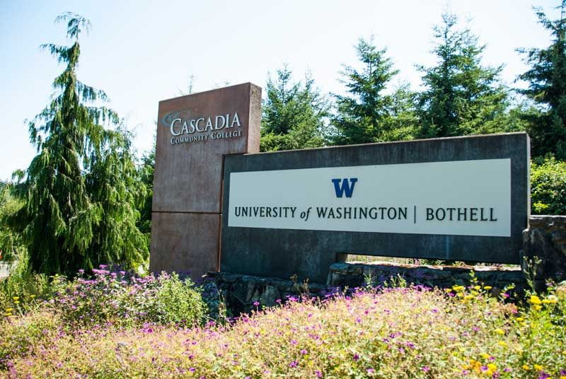 UW Bothell and Cascadia College sign at the main entrance of campus.