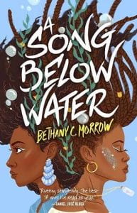 book cover of song below water, illustrated two women back to back