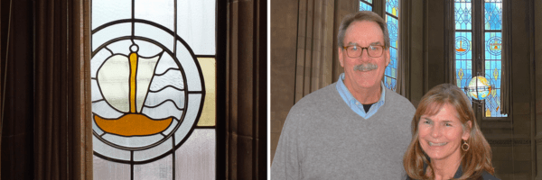 Left: Image of sailboat window in the Reading Room. Right: Doug and Karen Forsyth in the Reading Room smiling with their dedicated window.
