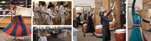 a photo montage of dancers, drummers, martial arts performers