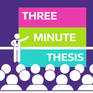 3 minute thesis logo- stick figure standing in front of a crowd with microphone
