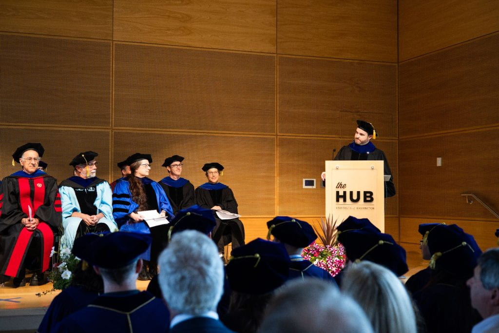 M3D Director and Associate Dean of the Graduate School Dr. Bill Mahoney, presenting speech at the 2023 Biomedical Hooding Ceremony