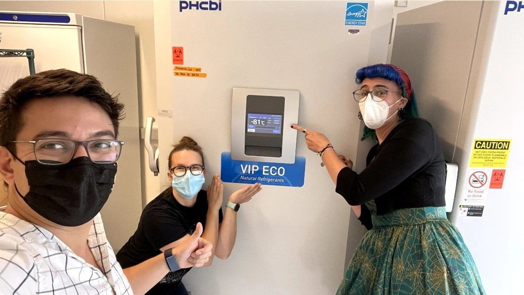 Members of the Akamatsu lab posing in front of the brand new -80 freezer. From left to right: Matt, Maggie, and Valerie.