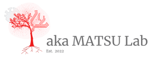 Logo for the MatsuLab combining elements of a red tree, computational node links, and actin filaments (as roots). text: akaMATSU Lab, Established in 2022.
