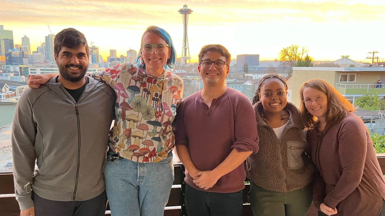 The MatsuLab Members pose with the Seattle Space Needle in the Background.
