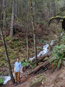 Emmet is standing next to a tree and a stream in a lush forest.