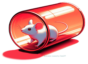 Mouse looking out of red translucent tube