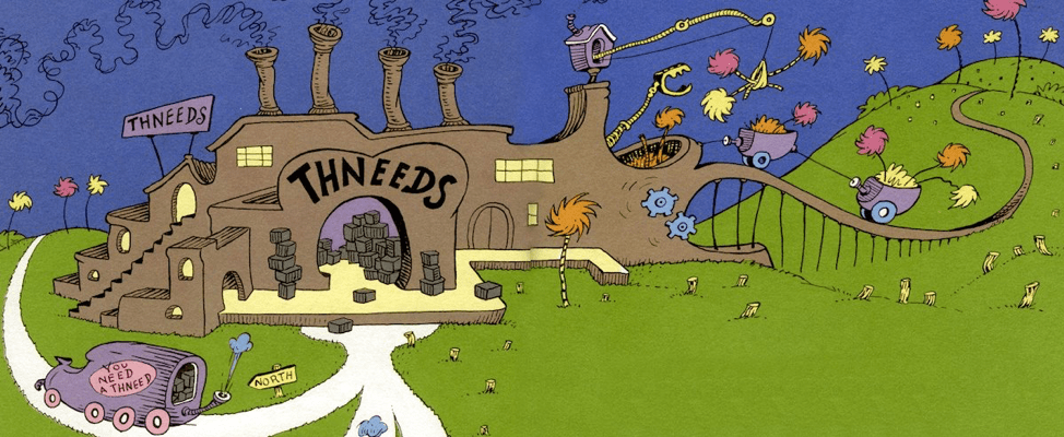 Scene of the Oncler's factory from the Lorax by Dr. Seuss.