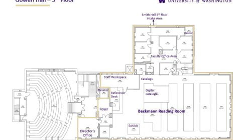 A floor plan showing the third floor of Gowen Hall, including the Beckman Reading Room, Gowen 301, and the library faculty office area.