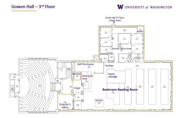 A floor plan showing the third floor of Gowen Hall, including the Beckman Reading Room, Gowen 301, and the library faculty office area.