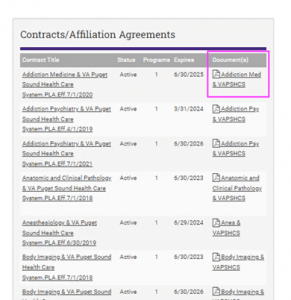 Contracts/Affiliation Agreements List with sample document highlighted
