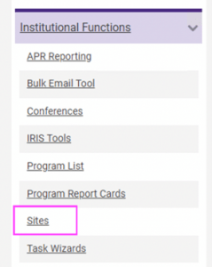 Institutional Functions menu with Sites link highlighted