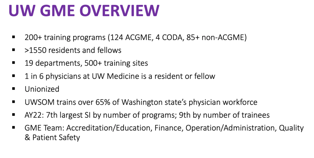 -200+ training programs (124 ACGME, 4 CODA, 85+ non-ACGME) ->1550 residents and fellows -19 departments, 500+ training sites -1 in 6 physicians at UW Medicine is a resident or fellow -Unionized -UWSOM trains over 65% of Washington state’s physician workforce -AY22: 7th largest SI by number of programs; 9th by number of trainees -GME Team: Accreditation/Education, Finance, Operation/Administration, Quality & Patient Safety