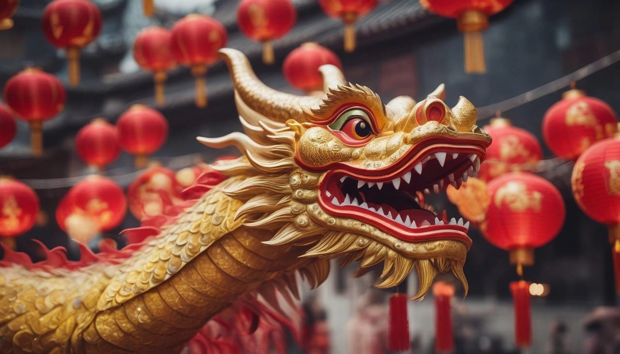 Gold asian dragon with red lanterns in background