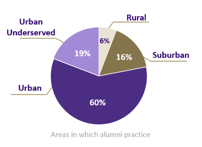 Pie chart of ares in which alumni practice. 19% Urban Underserved; 6% Rural; 16% Suburban; 60% Urban