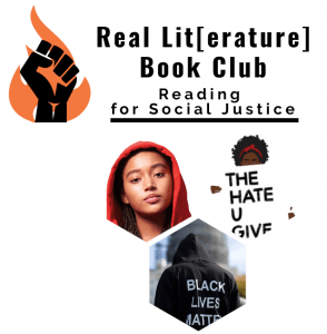Decorative Image: Logo for Real Lit Book Club plus book cover of The Hate U Give