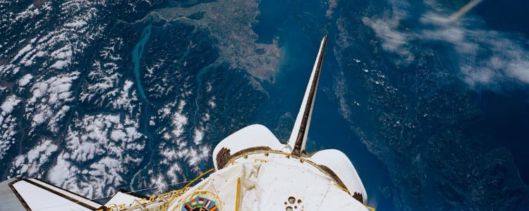 Image of Space Shuttle Endeavor above Salish Sea and Cascade Range
