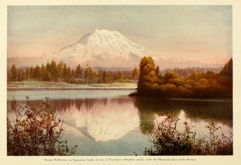 Inside cover image showing Mount Rainier reflected in Spanaway Lake, taken from inside image of "The Mountain that was 'God.'"