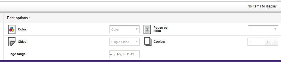 An screenshot of the Print Options on print.uw.edu. "Color printing" appears directly under the "Print Options" heading.