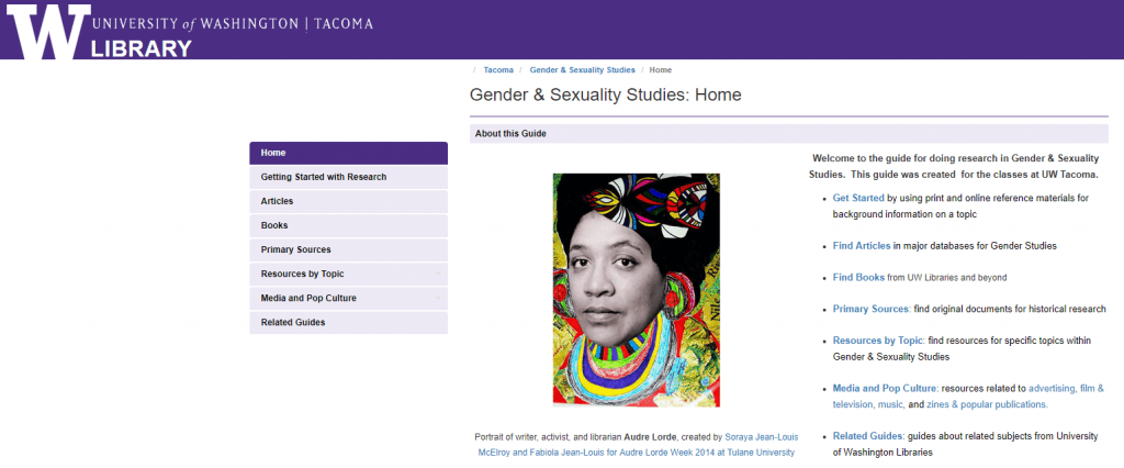 screenshot of the Gender & Sexuality Studies Subject Guide, UW Tacoma Library