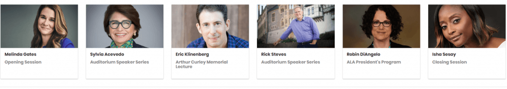 Screenshot from the ALA Midwinter Webpage, showing the Featured Speakers in 2019