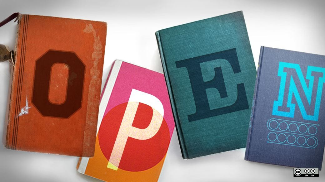 Four book covers in a row, each with a letter on the cover spelling the word, "Open."