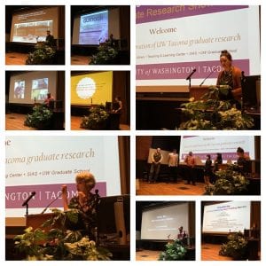 Collage of Photos from a past lecture event. Students and faculty are lecturing in front of a large screen.