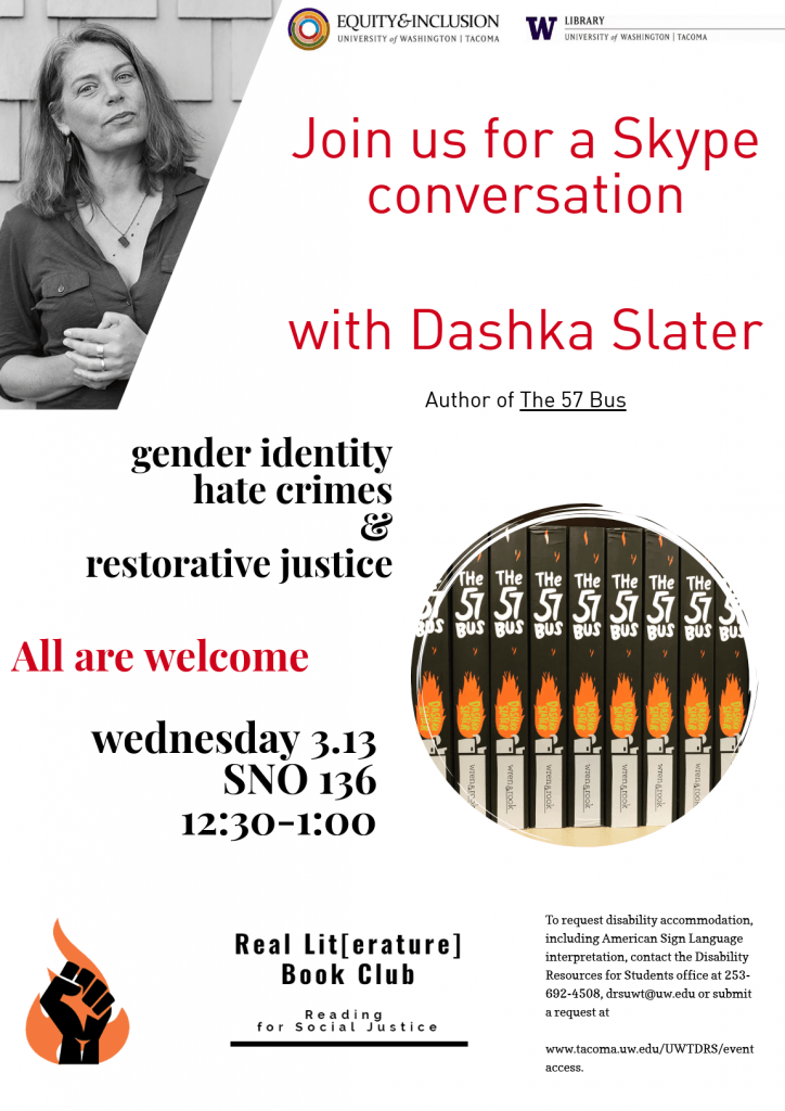 Flyer for a book club conversation with Dashka Slater. Information on flyer is also in the blog post.