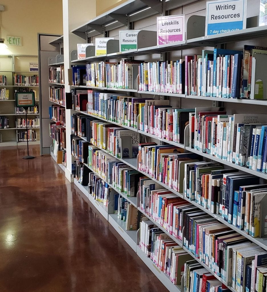 5 sections of bookshelves, 5 shelves high, with overhead signage: Writing Resources, Lifeskills Resources, Career Resources, College Resources, and Local History
