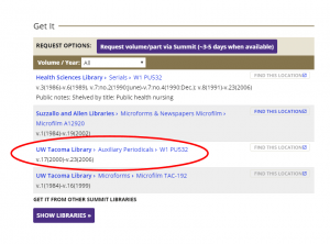screenshot of library item page with text circled under "Request Options" showing "UW Tacoma Library > Auxiliary Periodicals > W1 PU532"