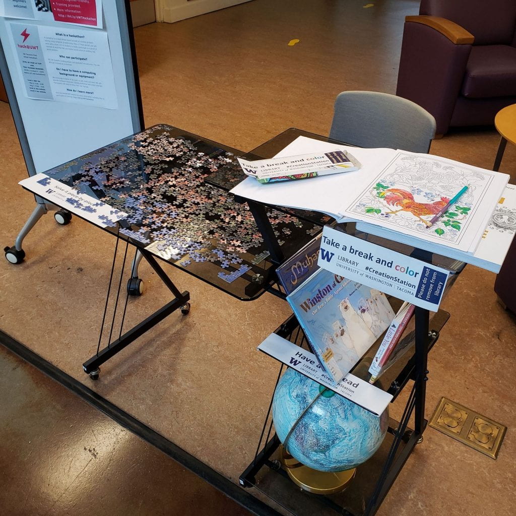 A tiered table holds a partially-assembled jigsaw puzzle, a globe, children's books, and a coloring book and pencil box.