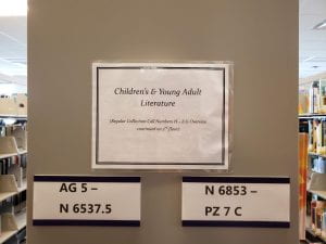 "Children's & Young Adult Literature" sign above markers for sections AG 5 - N 6537.5 and N 6853 - PZ 7 C