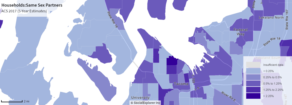 Map of greater Tacoma area highlighting areas with density of same-sex households.