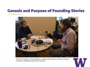 Slide "Genesis and Purpose of Founding Stories" showing a picture of prof. Charles Williams interviewing professor Claudia Gorbman.
