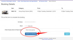 How to click on "Submit my booking" to confirm the reservation and give the reservation a name. 