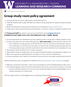 UW Tacoma library group study room policy agreement. 