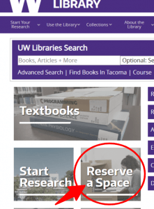 Library home page, where to click to reserve a space. 