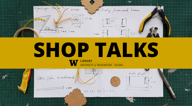 Image showing tools and work table in the background and yellow banner that says "Shop Talks"