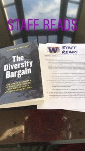 Image shows picture of Natasha Warikoo's book, The Diversity bargain, next to an agenda entitled W: Staff Reads.