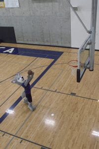 Image of Hendrix, UW Tacoma's mascot, playing basketball.