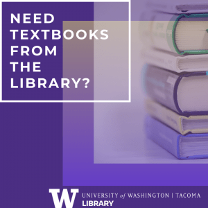 Purple and gold square with text: Need textbooks from the library? Image shows stack of books.
