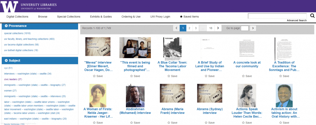 screen capture showing the UW Libraries Digital Collections site with sample oral history items