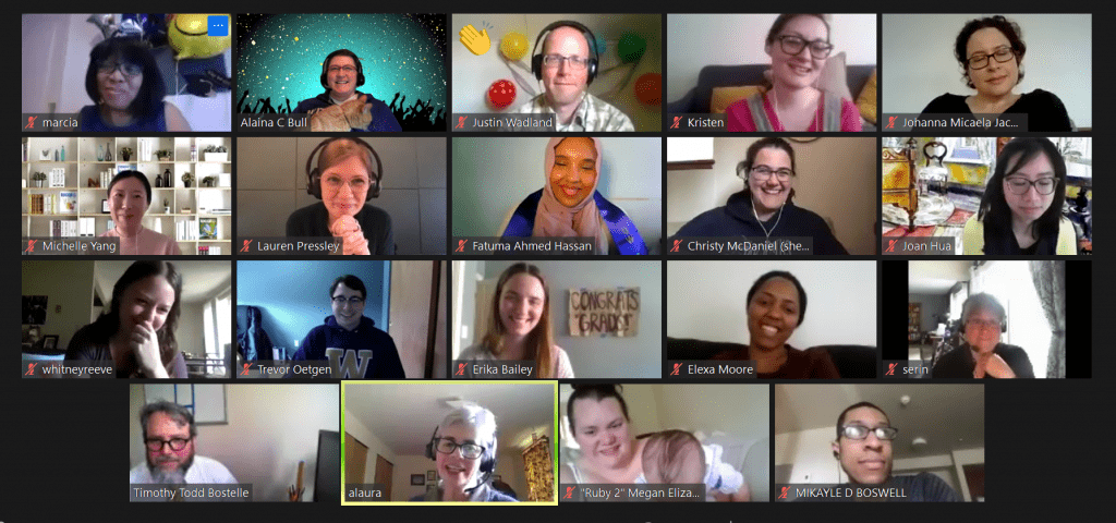  A photo of 19 library staff and students participating in a virtual graduation party on Zoom.