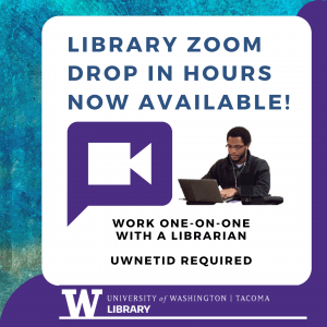 Video camera icon, image of a young african american man behind a laptop, and the text: Library Zoom Drop In Hours Now Available. Work one on one with a librarian. uwnetid required.